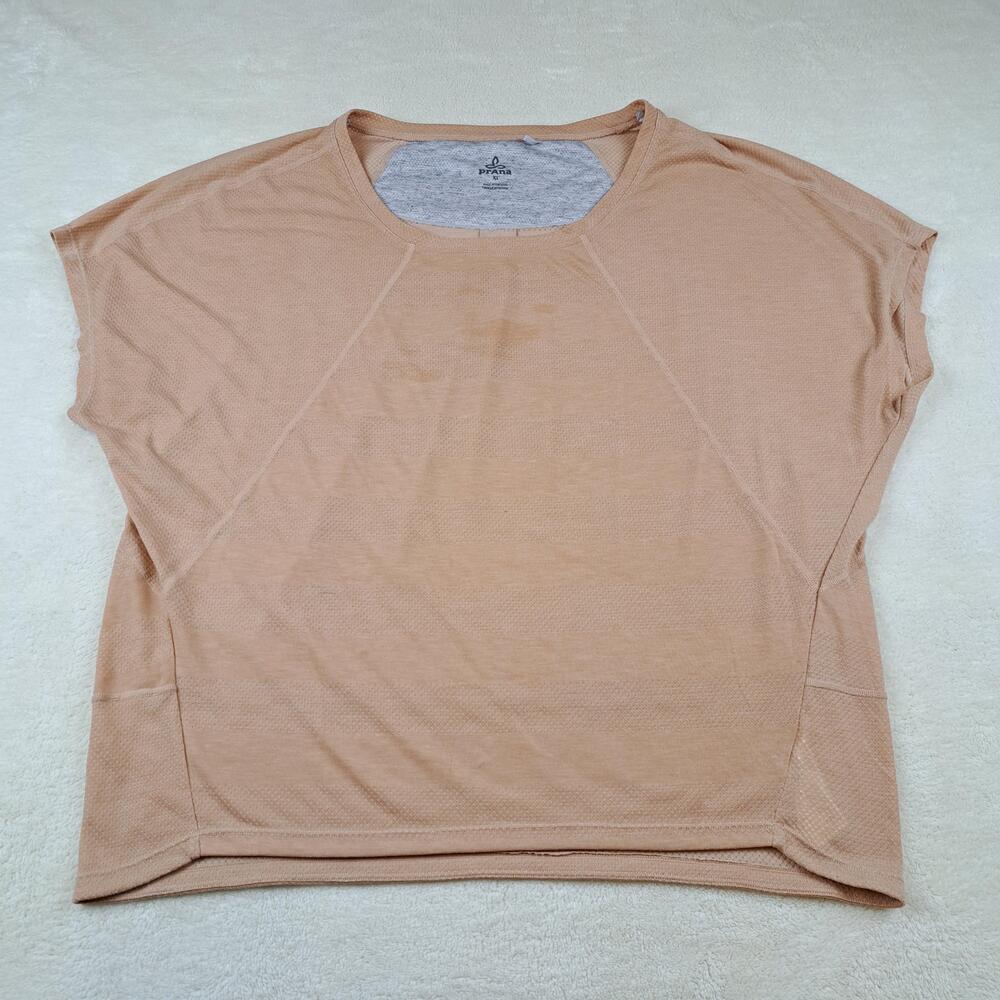 Prana Shirt Womens XL Tan Short Sleeve Mesh Back Pleat Lightweight Activewear
